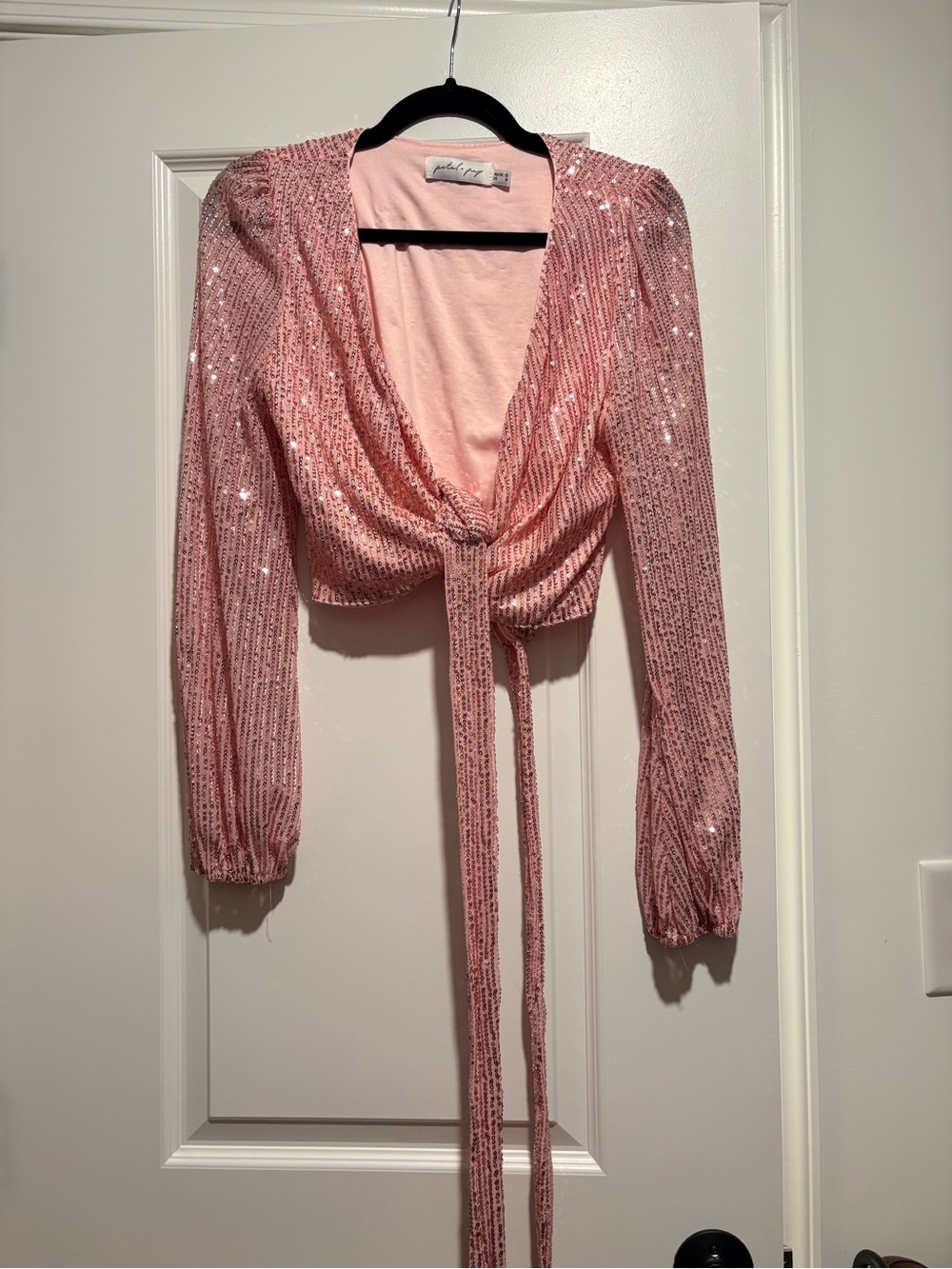 Petal & Pup Pink Sequin Tie-Front Long Sleeve Crop Top